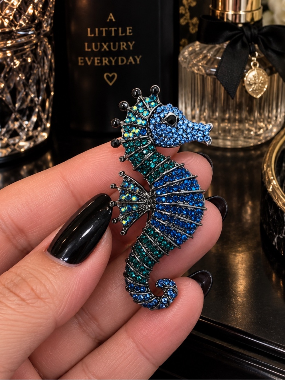 Eleanor ShuMark Blue Crystal Seahorse Statement Brooch NWT